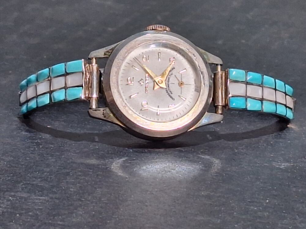 Manson Swiss Wind Up Watch 925 Sterling Turquoise Mother Pearl Inlay Tips- Works